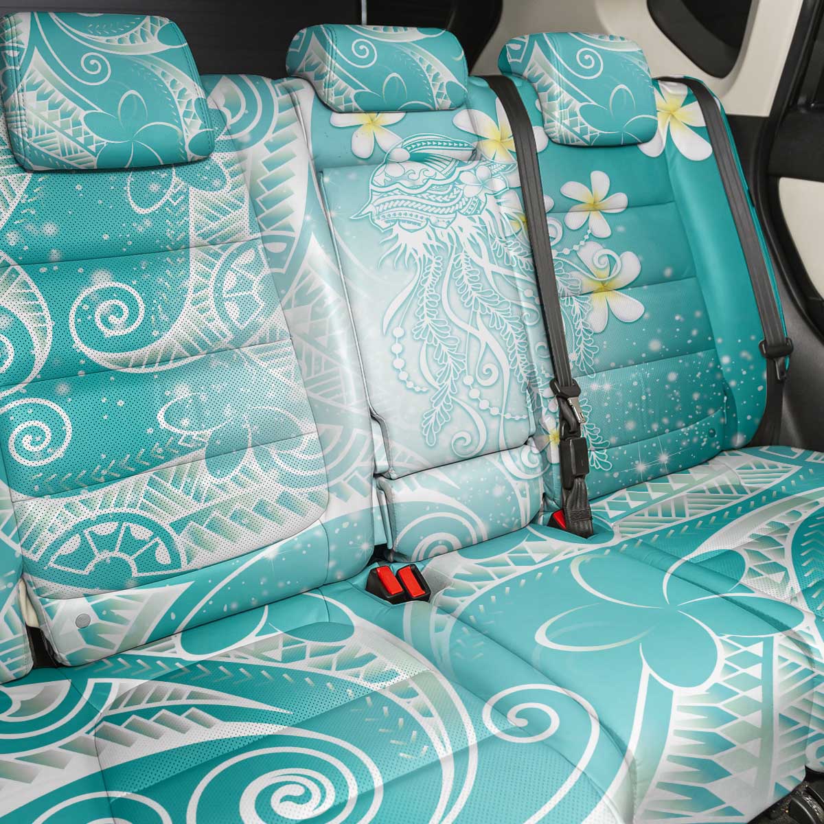 Polynesian Jellyfish Back Car Seat Cover With Plumeria Teal LT05 - Polynesian Pride
