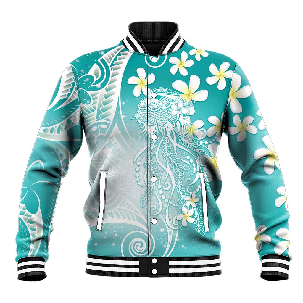 Polynesian Jellyfish Baseball Jacket With Plumeria Teal LT05 Unisex Teal - Polynesian Pride