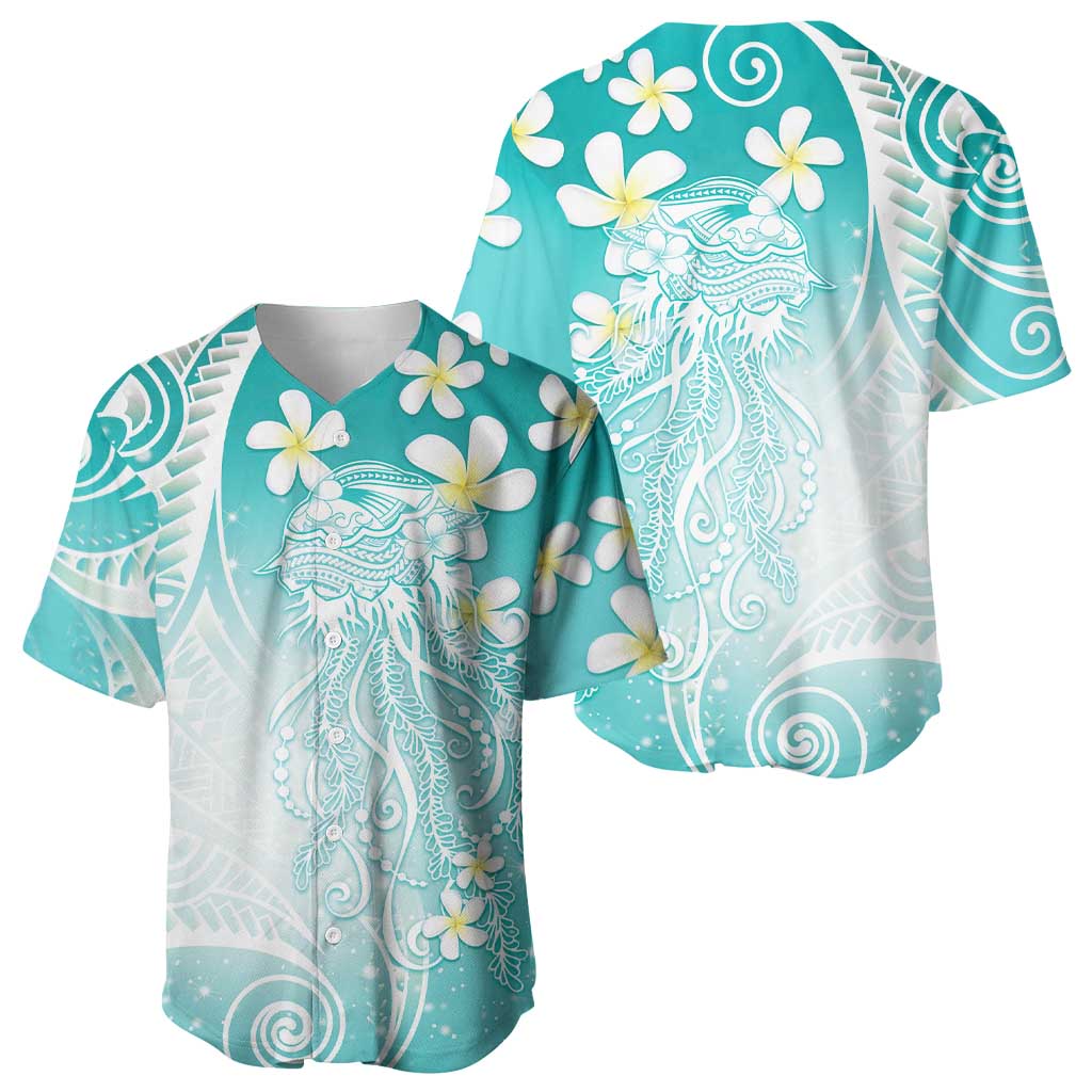 Polynesian Jellyfish Baseball Jersey With Plumeria Teal LT05 - Polynesian Pride