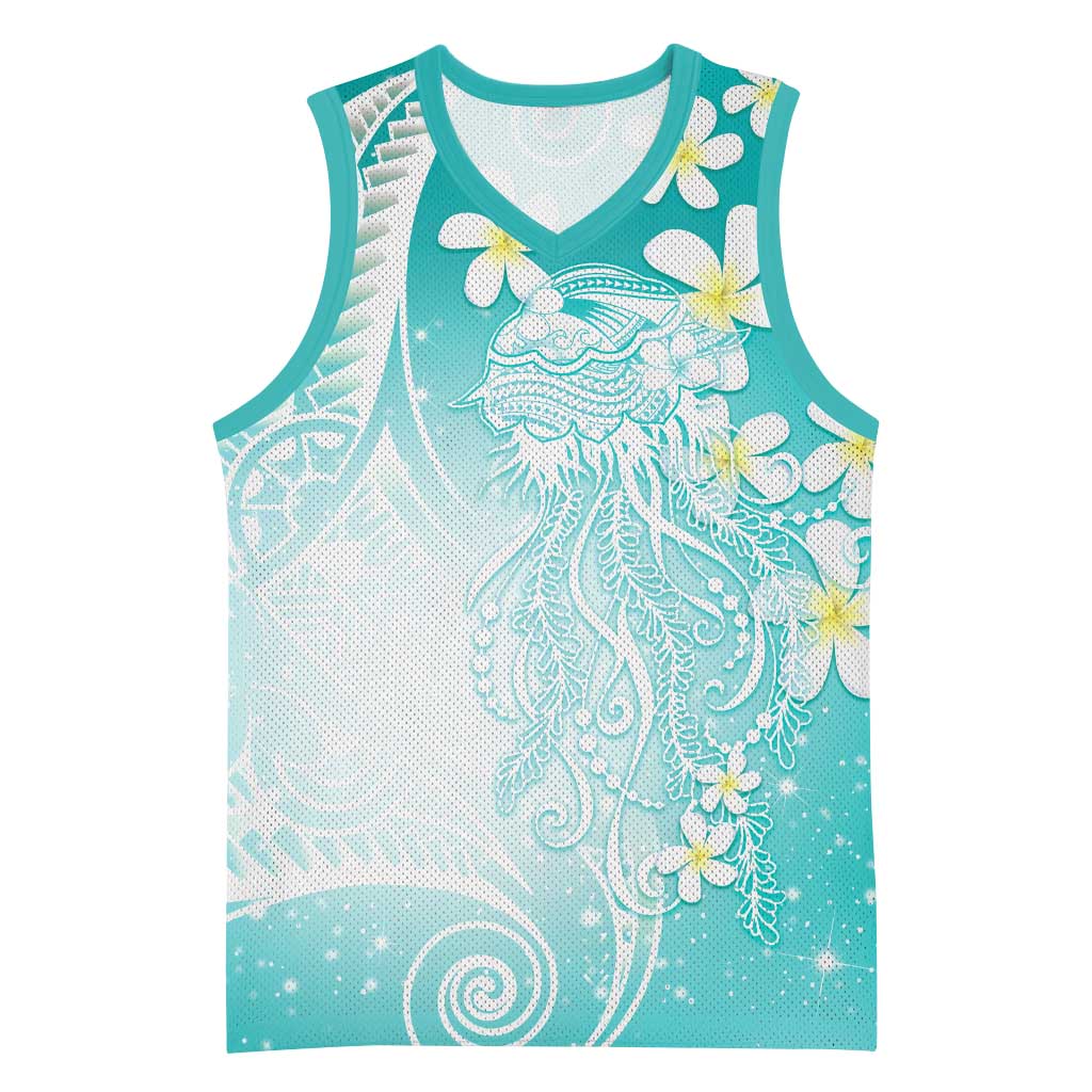 Polynesian Jellyfish Basketball Jersey With Plumeria Teal LT05 Unisex Teal - Polynesian Pride