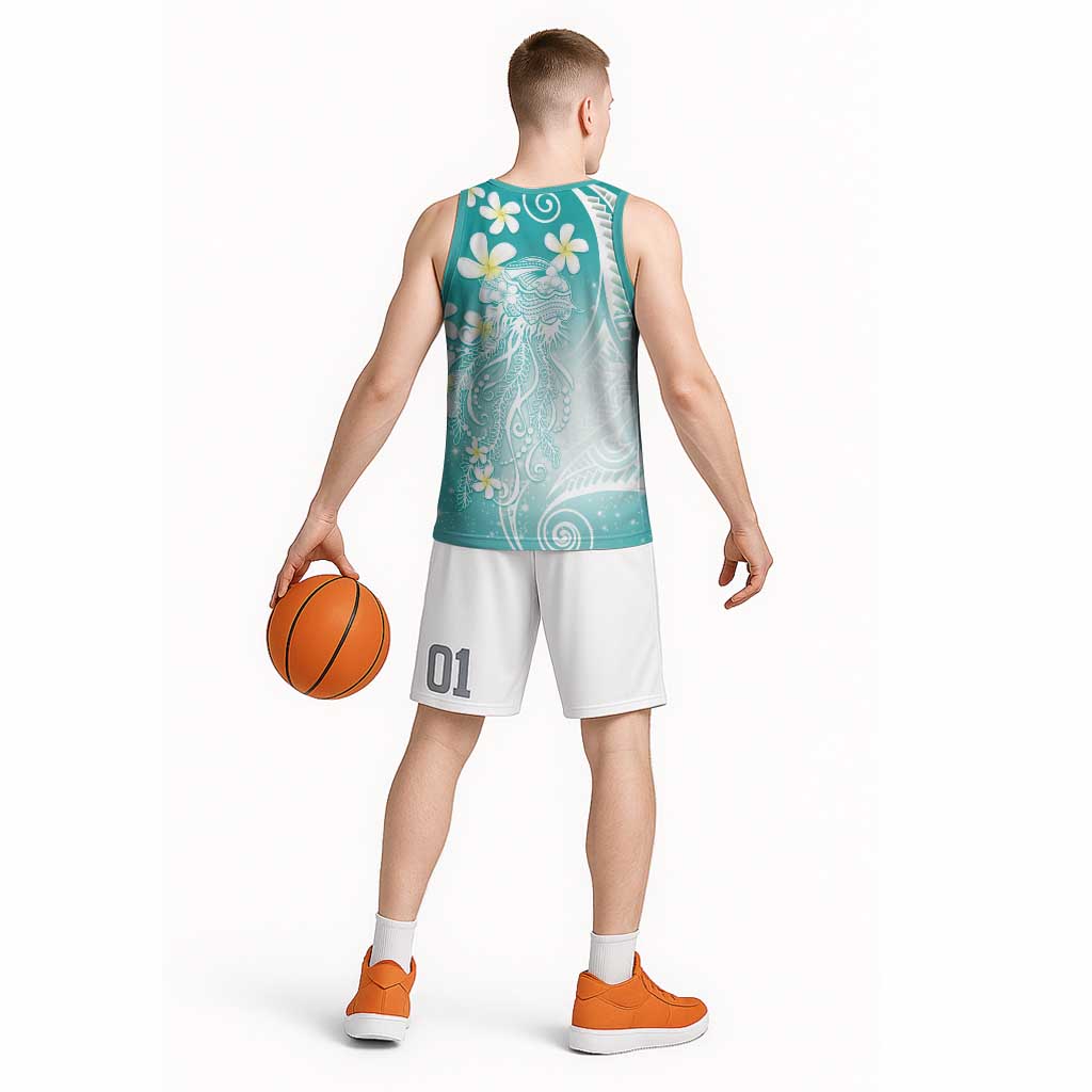 Polynesian Jellyfish Basketball Jersey With Plumeria Teal LT05 - Polynesian Pride