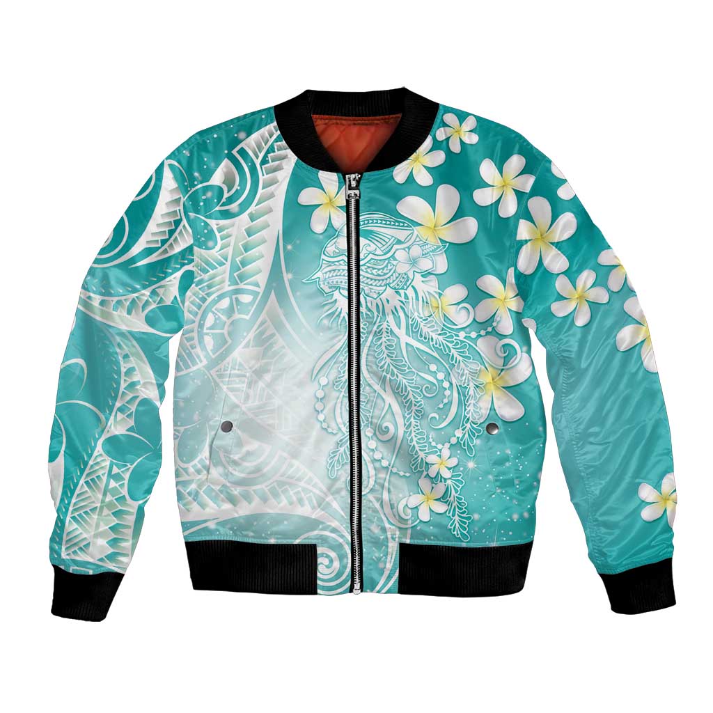 Polynesian Jellyfish Bomber Jacket With Plumeria Teal LT05 Unisex Teal - Polynesian Pride
