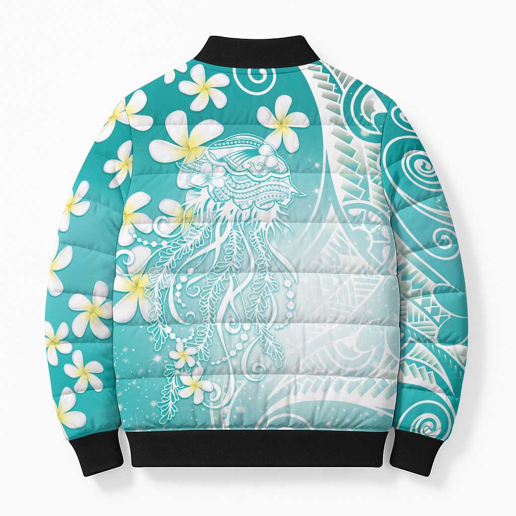 Polynesian Jellyfish Bomber Puffer Jacket With Plumeria Teal LT05 - Polynesian Pride