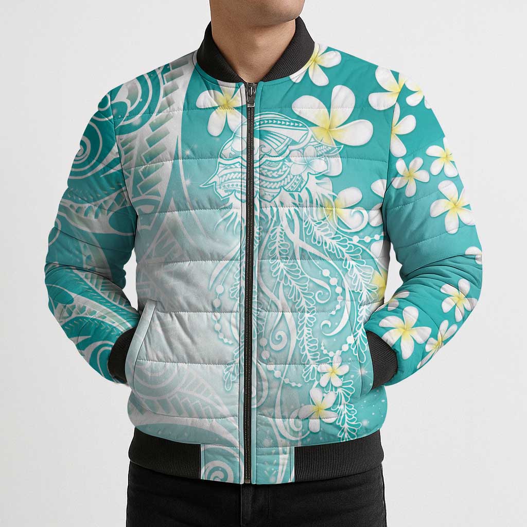 Polynesian Jellyfish Bomber Puffer Jacket With Plumeria Teal LT05 - Polynesian Pride