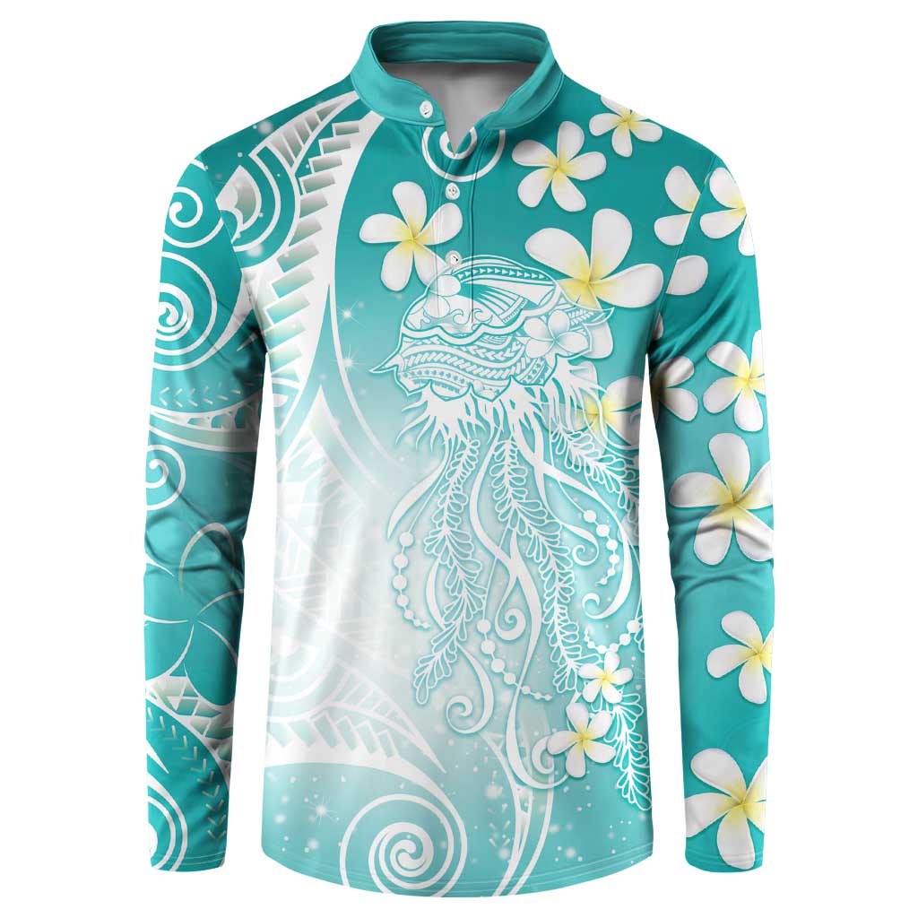 Polynesian Jellyfish Button Sweatshirt With Plumeria Teal LT05 Teal - Polynesian Pride