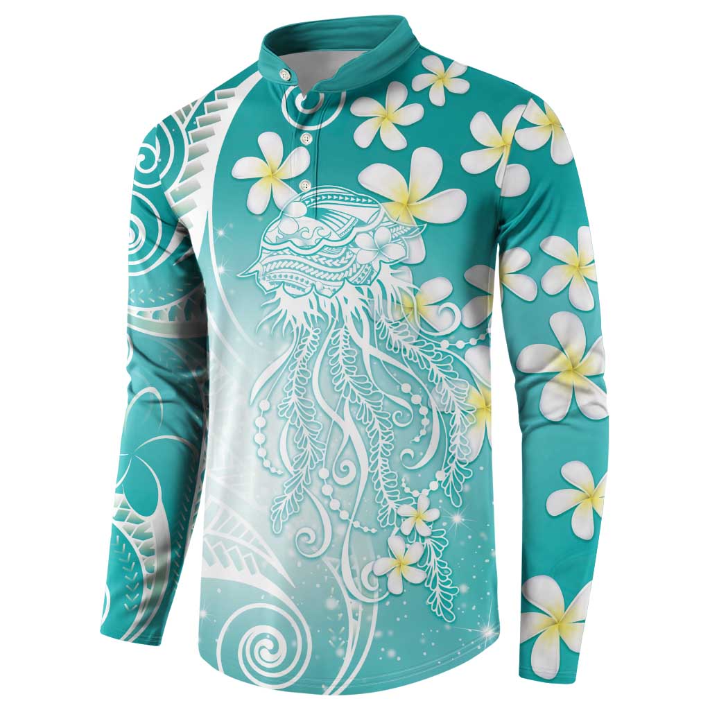 Polynesian Jellyfish Button Sweatshirt With Plumeria Teal LT05 - Polynesian Pride