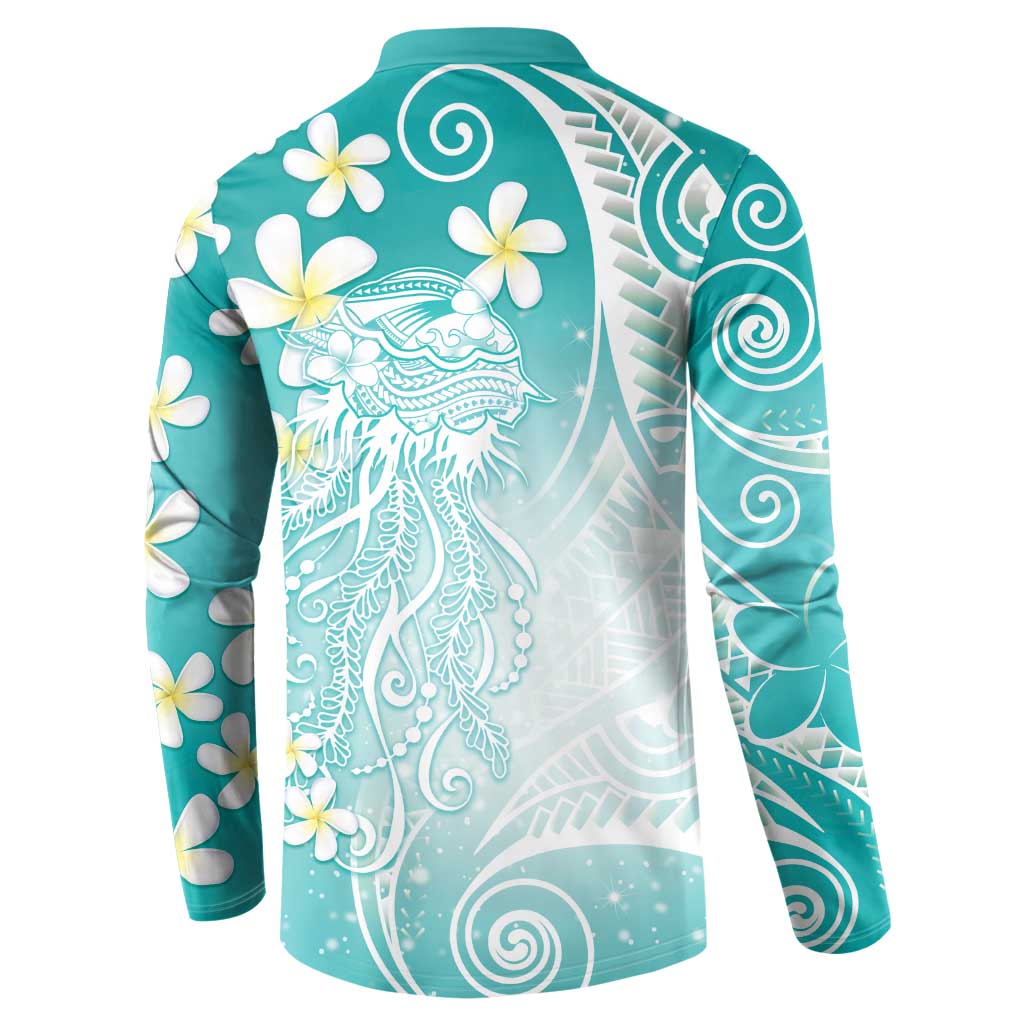 Polynesian Jellyfish Button Sweatshirt With Plumeria Teal LT05 - Polynesian Pride