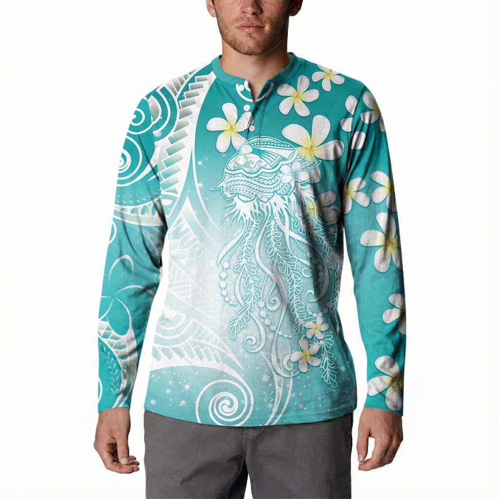 Polynesian Jellyfish Button Sweatshirt With Plumeria Teal LT05 - Polynesian Pride