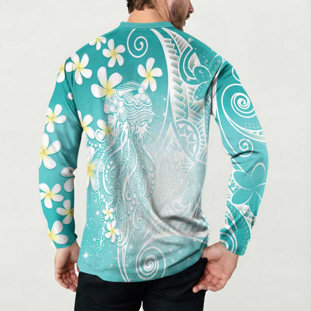 Polynesian Jellyfish Button Sweatshirt With Plumeria Teal LT05 - Polynesian Pride