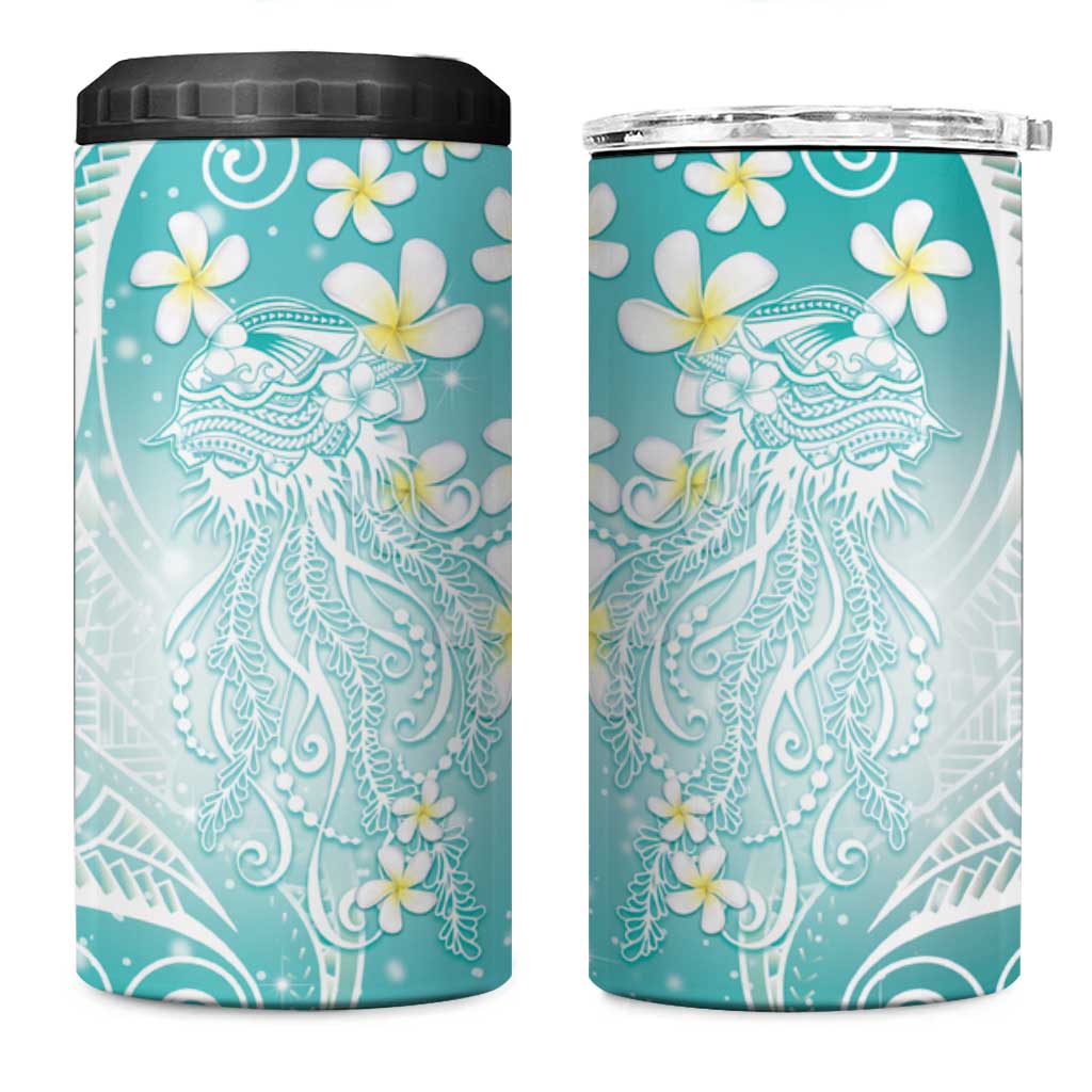 Polynesian Jellyfish 4 in 1 Can Cooler Tumbler With Plumeria Teal LT05 One Size: 16 oz Teal - Polynesian Pride