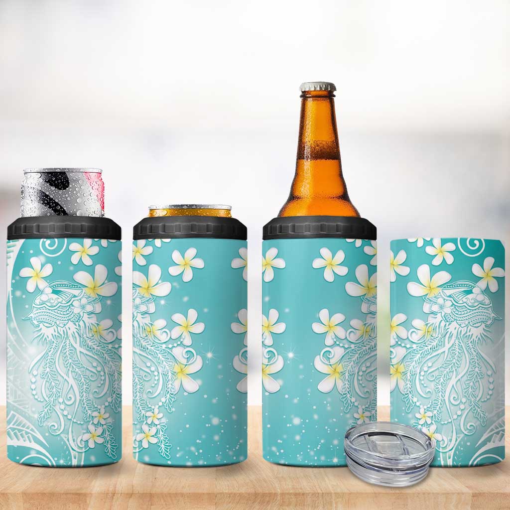 Polynesian Jellyfish 4 in 1 Can Cooler Tumbler With Plumeria Teal LT05 - Polynesian Pride