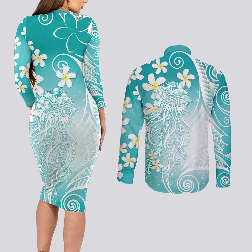 Polynesian Jellyfish Couples Matching Long Sleeve Bodycon Dress and Long Sleeve Button Shirt With Plumeria Teal LT05 - Polynesian Pride