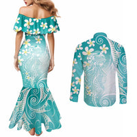 Polynesian Jellyfish Couples Matching Mermaid Dress and Long Sleeve Button Shirt With Plumeria Teal LT05 - Polynesian Pride