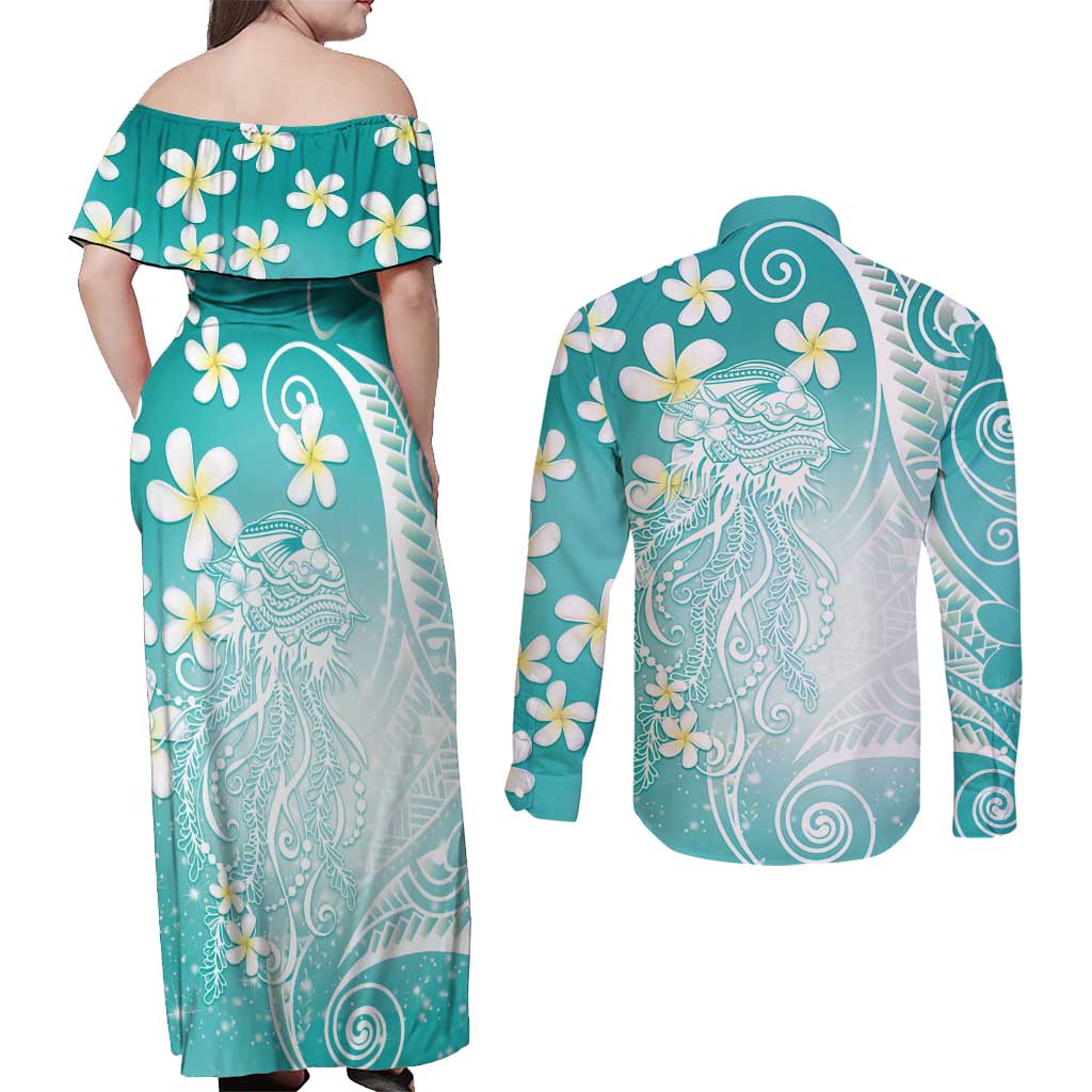 Polynesian Jellyfish Couples Matching Off Shoulder Maxi Dress and Long Sleeve Button Shirt With Plumeria Teal LT05 - Polynesian Pride