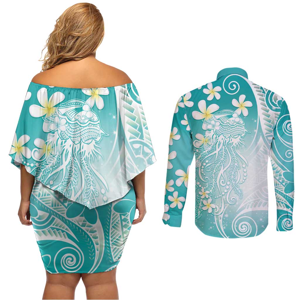 Polynesian Jellyfish Couples Matching Off Shoulder Short Dress and Long Sleeve Button Shirt With Plumeria Teal LT05 - Polynesian Pride