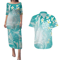 Polynesian Jellyfish Couples Matching Puletasi and Hawaiian Shirt With Plumeria Teal LT05 Teal - Polynesian Pride