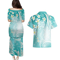 Polynesian Jellyfish Couples Matching Puletasi and Hawaiian Shirt With Plumeria Teal LT05 - Polynesian Pride