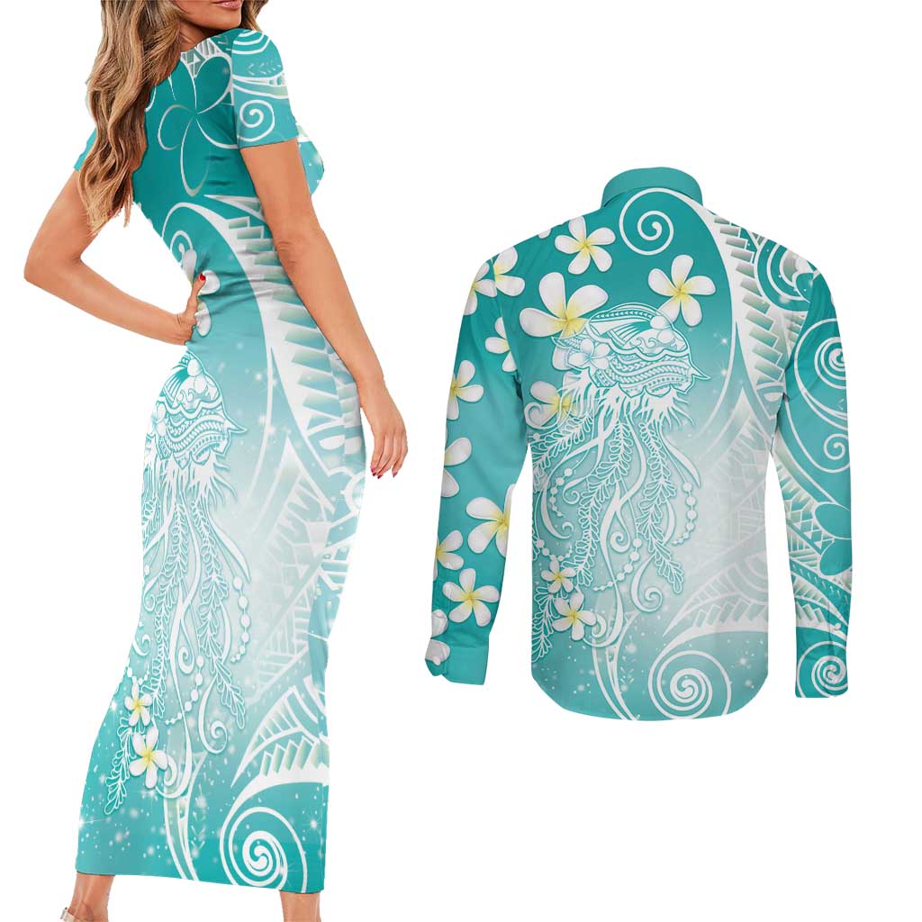 Polynesian Jellyfish Couples Matching Short Sleeve Bodycon Dress and Long Sleeve Button Shirt With Plumeria Teal LT05 - Polynesian Pride