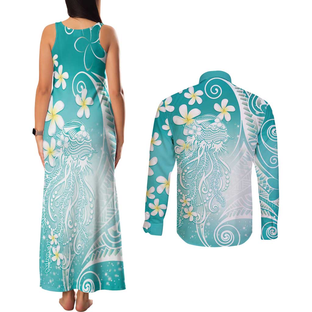 Polynesian Jellyfish Couples Matching Tank Maxi Dress and Long Sleeve Button Shirt With Plumeria Teal LT05 - Polynesian Pride