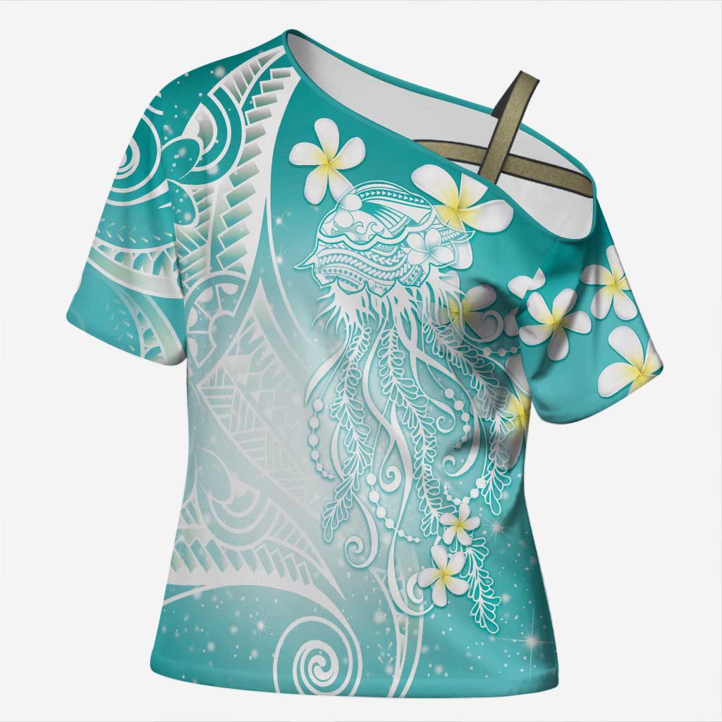 Polynesian Jellyfish Cross Shoulder Shirt With Plumeria Teal LT05 Female Teal - Polynesian Pride