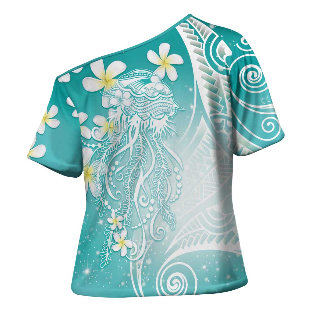 Polynesian Jellyfish Cross Shoulder Shirt With Plumeria Teal LT05 - Polynesian Pride
