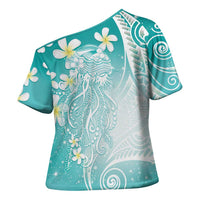 Polynesian Jellyfish Cross Shoulder Shirt With Plumeria Teal LT05 - Polynesian Pride