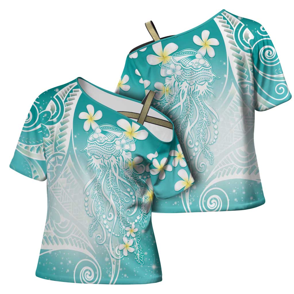 Polynesian Jellyfish Cross Shoulder Shirt With Plumeria Teal LT05 - Polynesian Pride