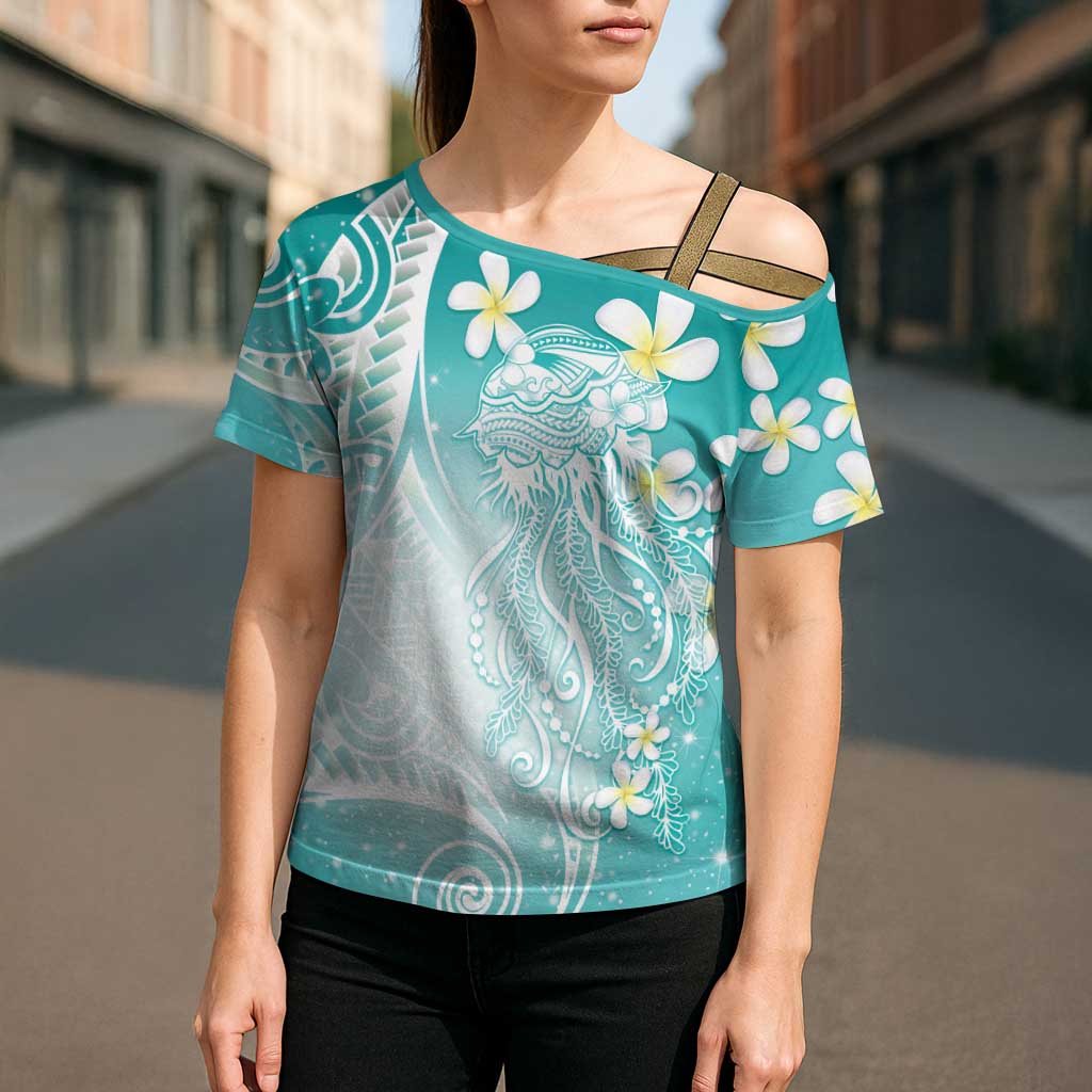 Polynesian Jellyfish Cross Shoulder Shirt With Plumeria Teal LT05 - Polynesian Pride