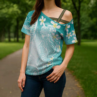 Polynesian Jellyfish Cross Shoulder Shirt With Plumeria Teal LT05 - Polynesian Pride