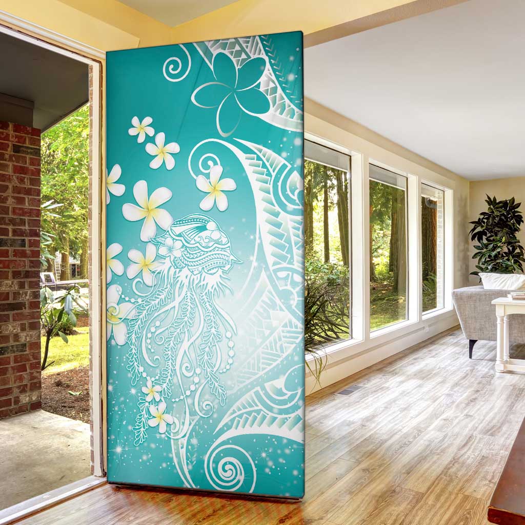 Polynesian Jellyfish Door Cover With Plumeria Teal LT05 - Polynesian Pride