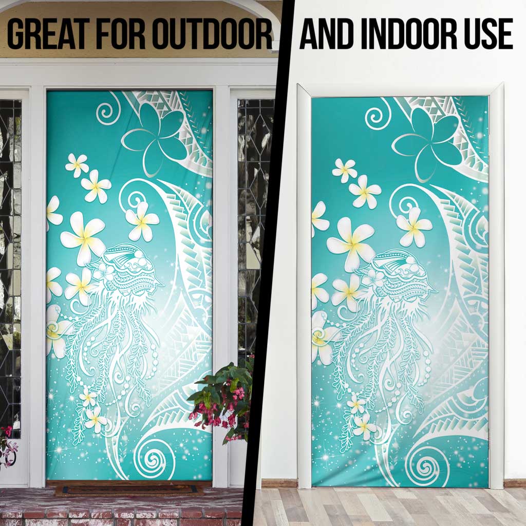 Polynesian Jellyfish Door Cover With Plumeria Teal LT05 - Polynesian Pride