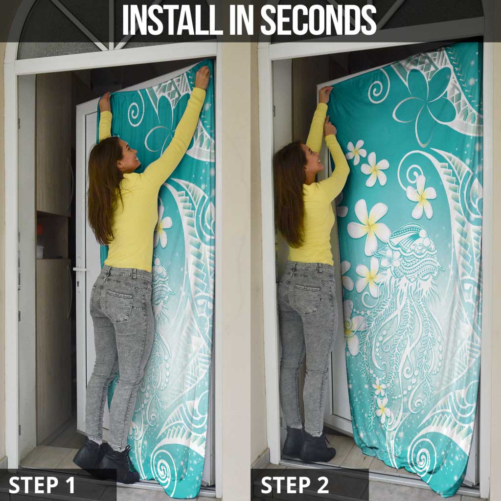 Polynesian Jellyfish Door Cover With Plumeria Teal LT05 - Polynesian Pride