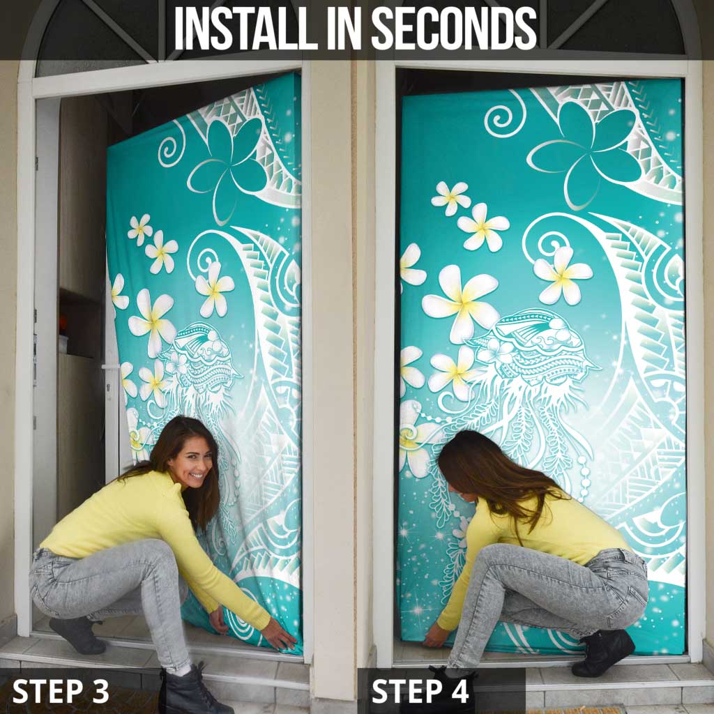 Polynesian Jellyfish Door Cover With Plumeria Teal LT05 - Polynesian Pride
