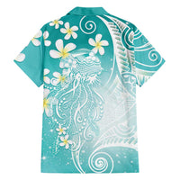 Polynesian Jellyfish Family Matching Long Sleeve Bodycon Dress and Hawaiian Shirt With Plumeria Teal