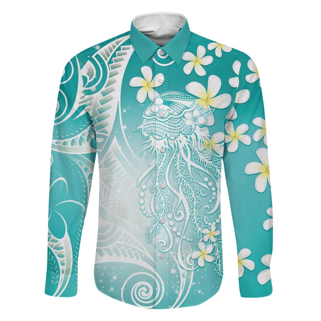 Polynesian Jellyfish Family Matching Long Sleeve Bodycon Dress and Hawaiian Shirt With Plumeria Teal