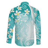 Polynesian Jellyfish Family Matching Long Sleeve Bodycon Dress and Hawaiian Shirt With Plumeria Teal