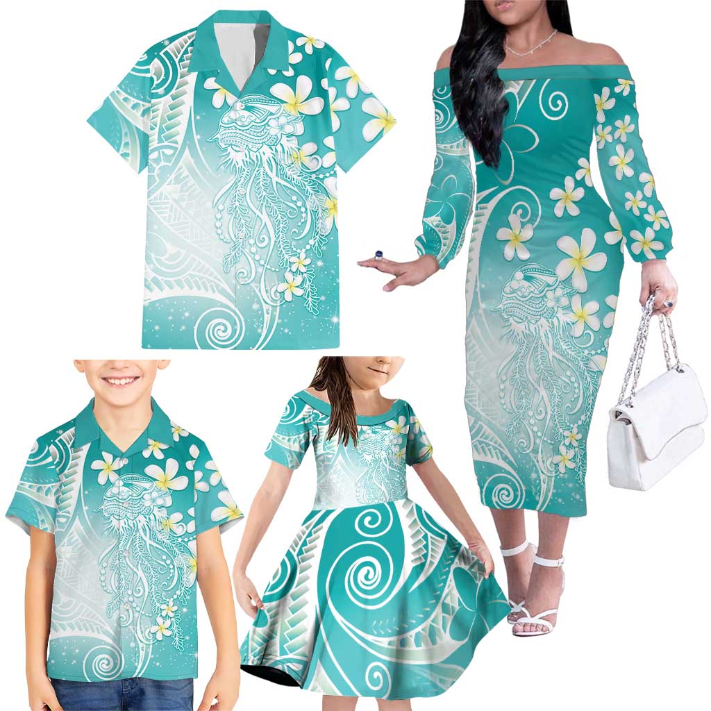 Polynesian Jellyfish Family Matching Off The Shoulder Long Sleeve Dress and Hawaiian Shirt With Plumeria Teal LT05 - Polynesian Pride