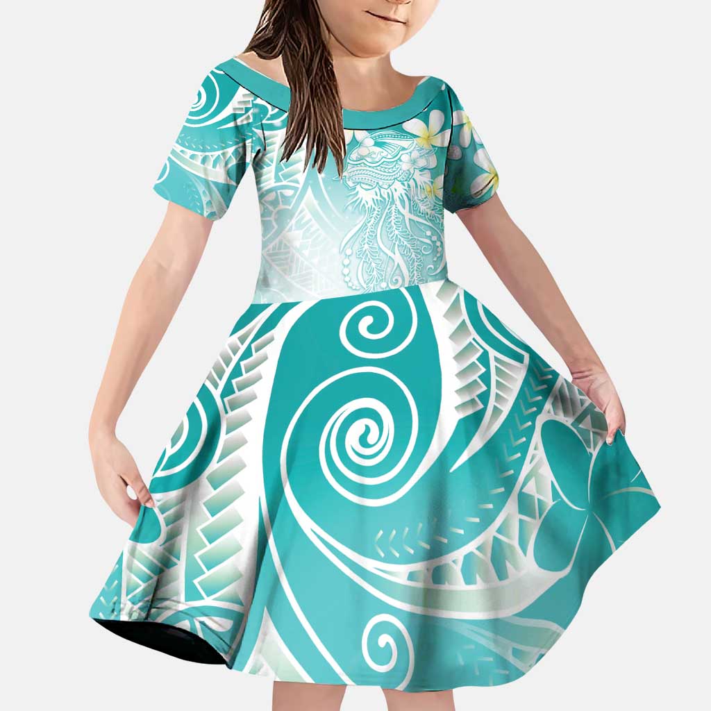 Polynesian Jellyfish Family Matching Off Shoulder Maxi Dress and Hawaiian Shirt With Plumeria Teal