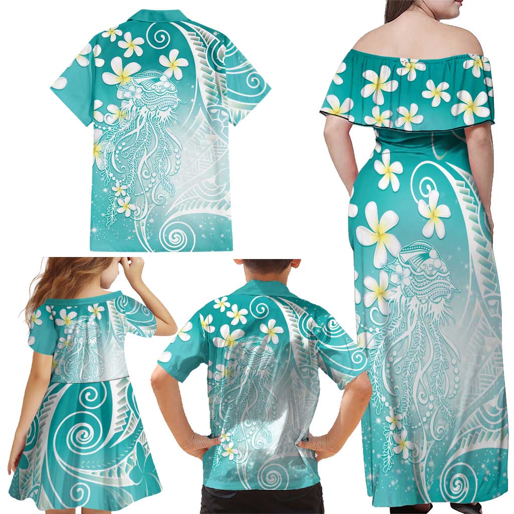 Polynesian Jellyfish Family Matching Off Shoulder Maxi Dress and Hawaiian Shirt With Plumeria Teal