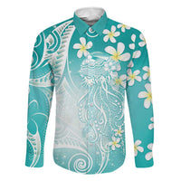 Polynesian Jellyfish Family Matching Off Shoulder Maxi Dress and Hawaiian Shirt With Plumeria Teal
