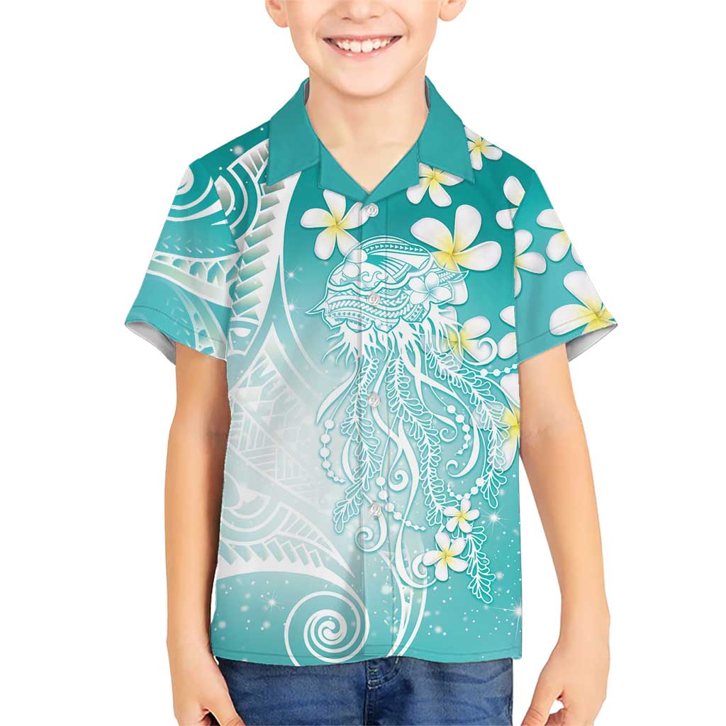 Polynesian Jellyfish Family Matching Off Shoulder Maxi Dress and Hawaiian Shirt With Plumeria Teal