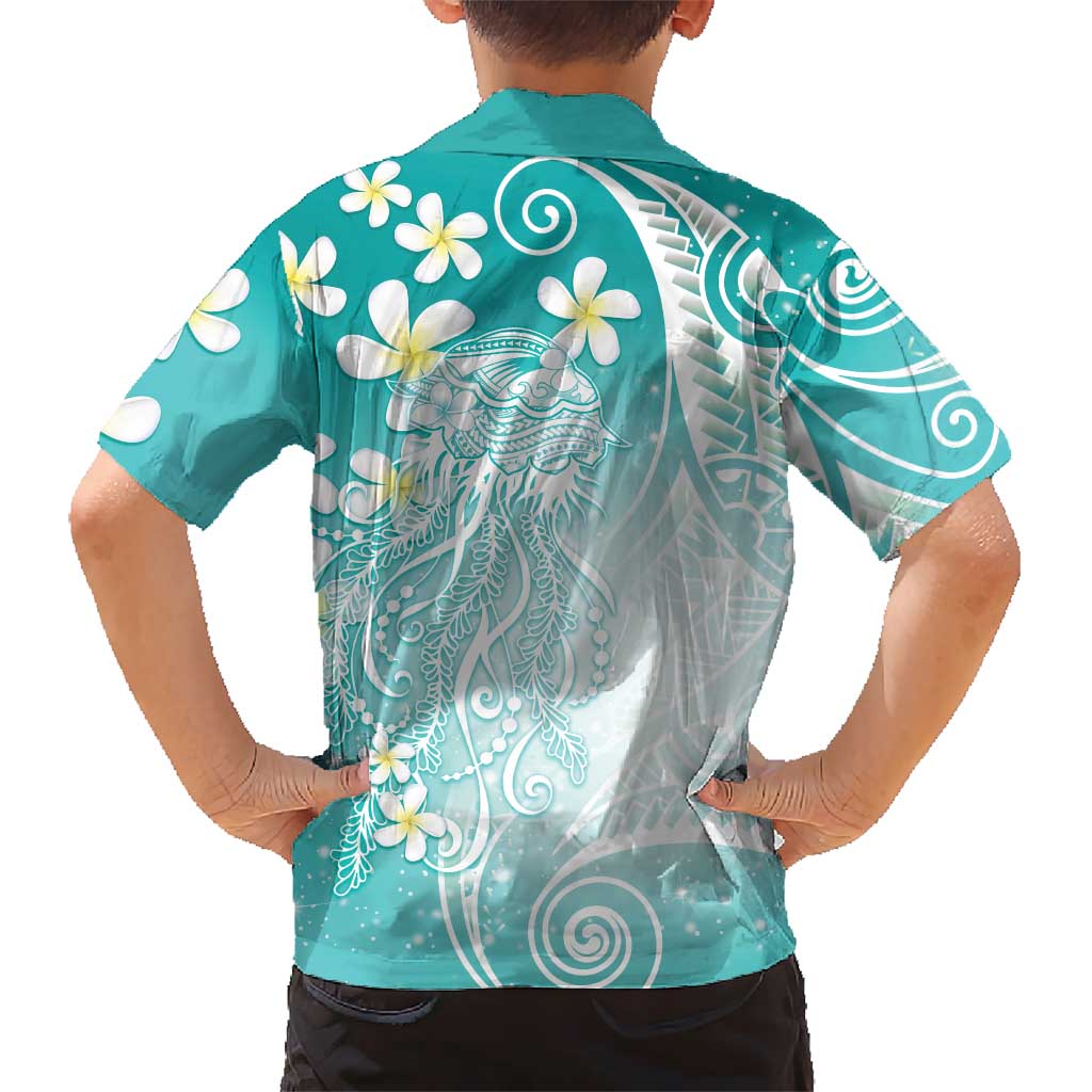 Polynesian Jellyfish Family Matching Off Shoulder Short Dress and Hawaiian Shirt With Plumeria Teal