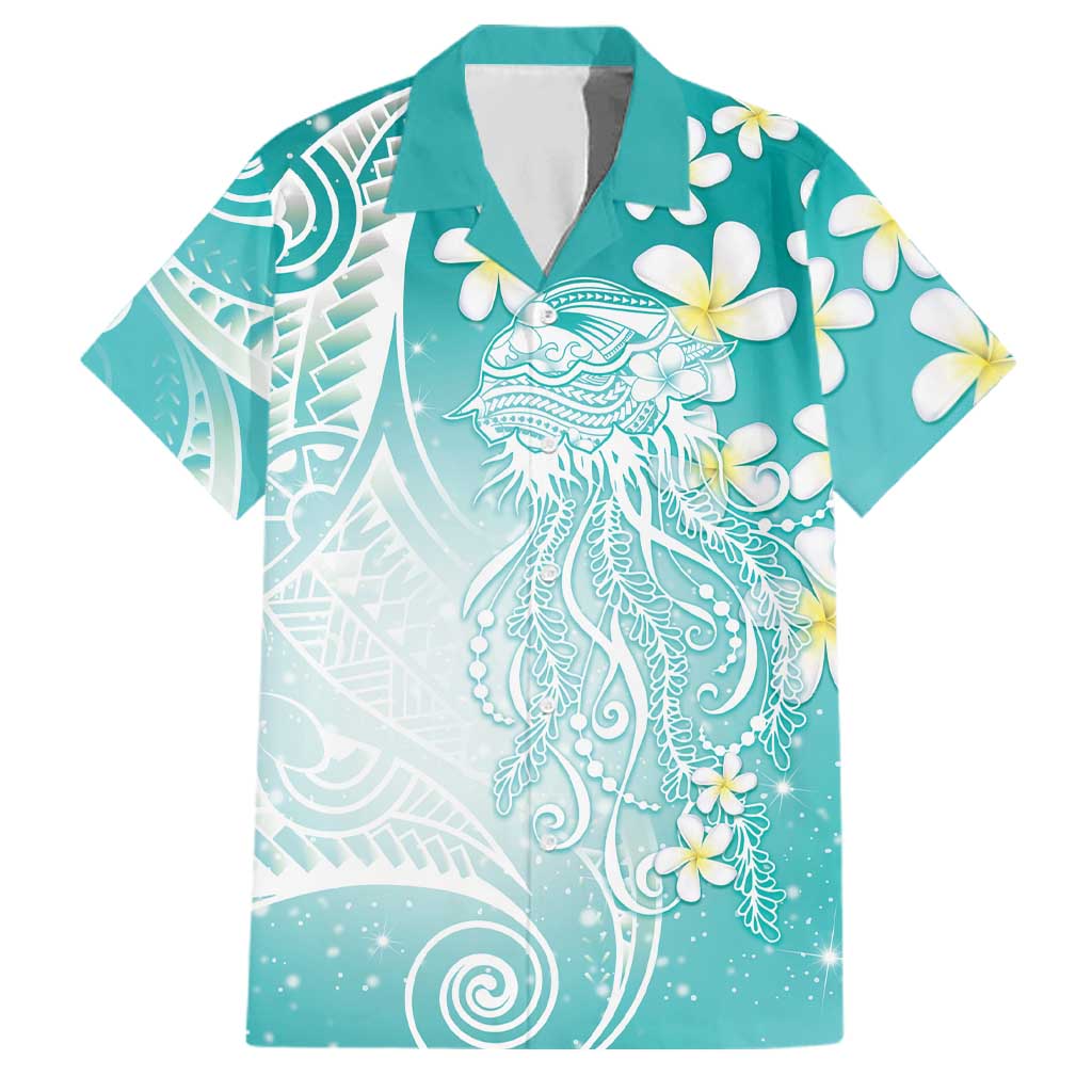 Polynesian Jellyfish Family Matching Off Shoulder Short Dress and Hawaiian Shirt With Plumeria Teal