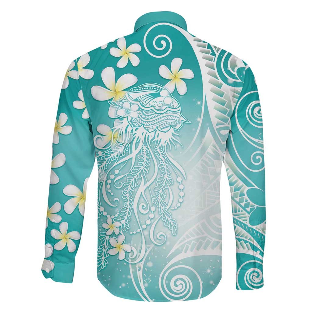 Polynesian Jellyfish Family Matching Off Shoulder Short Dress and Hawaiian Shirt With Plumeria Teal