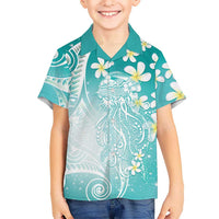 Polynesian Jellyfish Family Matching Off Shoulder Short Dress and Hawaiian Shirt With Plumeria Teal