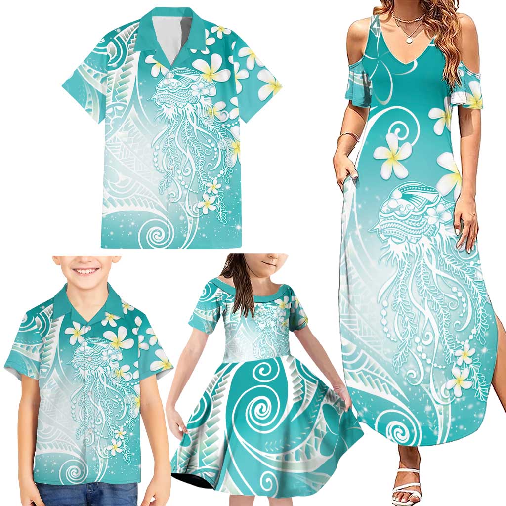 Polynesian Jellyfish Family Matching Summer Maxi Dress and Hawaiian Shirt With Plumeria Teal