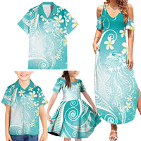 Polynesian Jellyfish Family Matching Summer Maxi Dress and Hawaiian Shirt With Plumeria Teal
