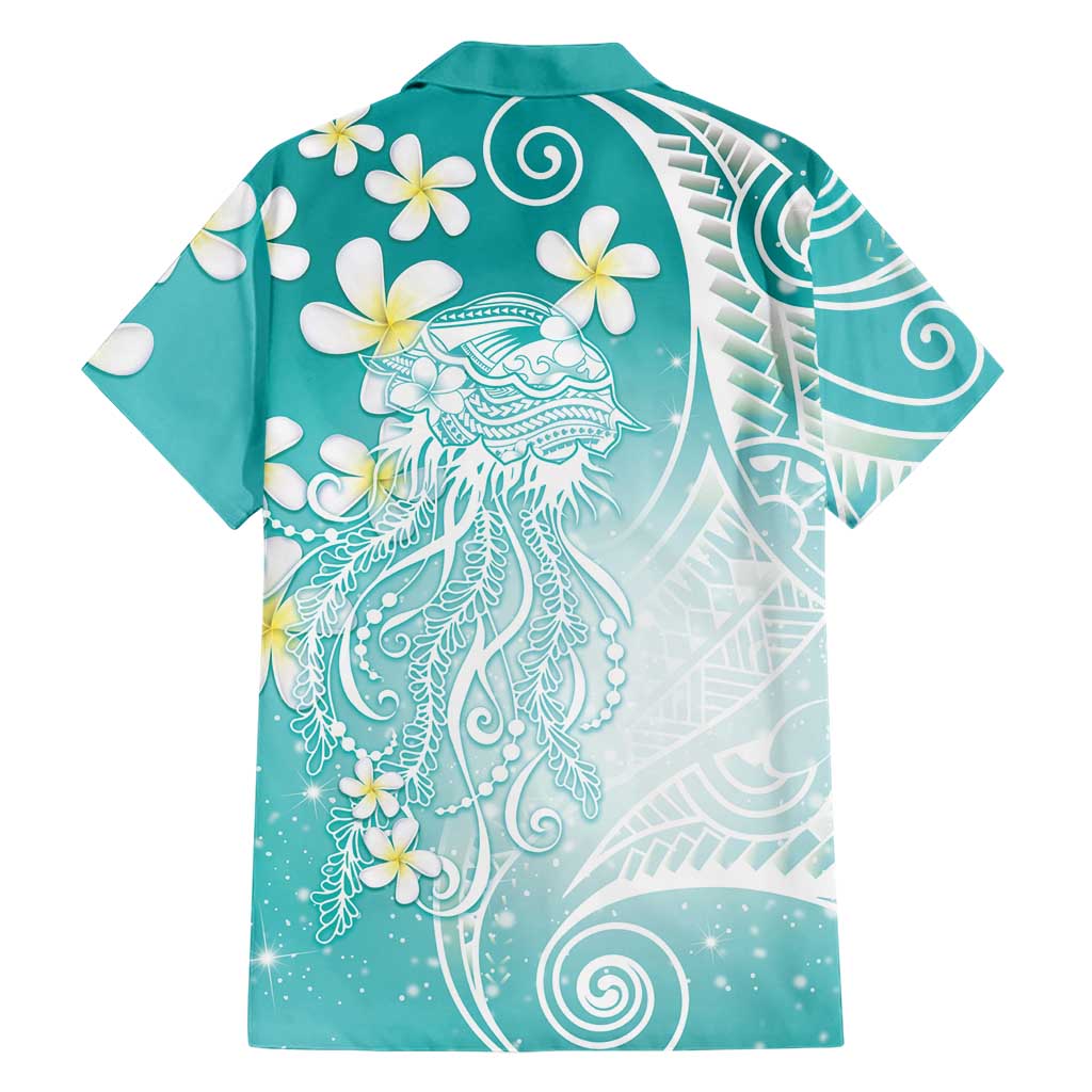 Polynesian Jellyfish Family Matching Summer Maxi Dress and Hawaiian Shirt With Plumeria Teal