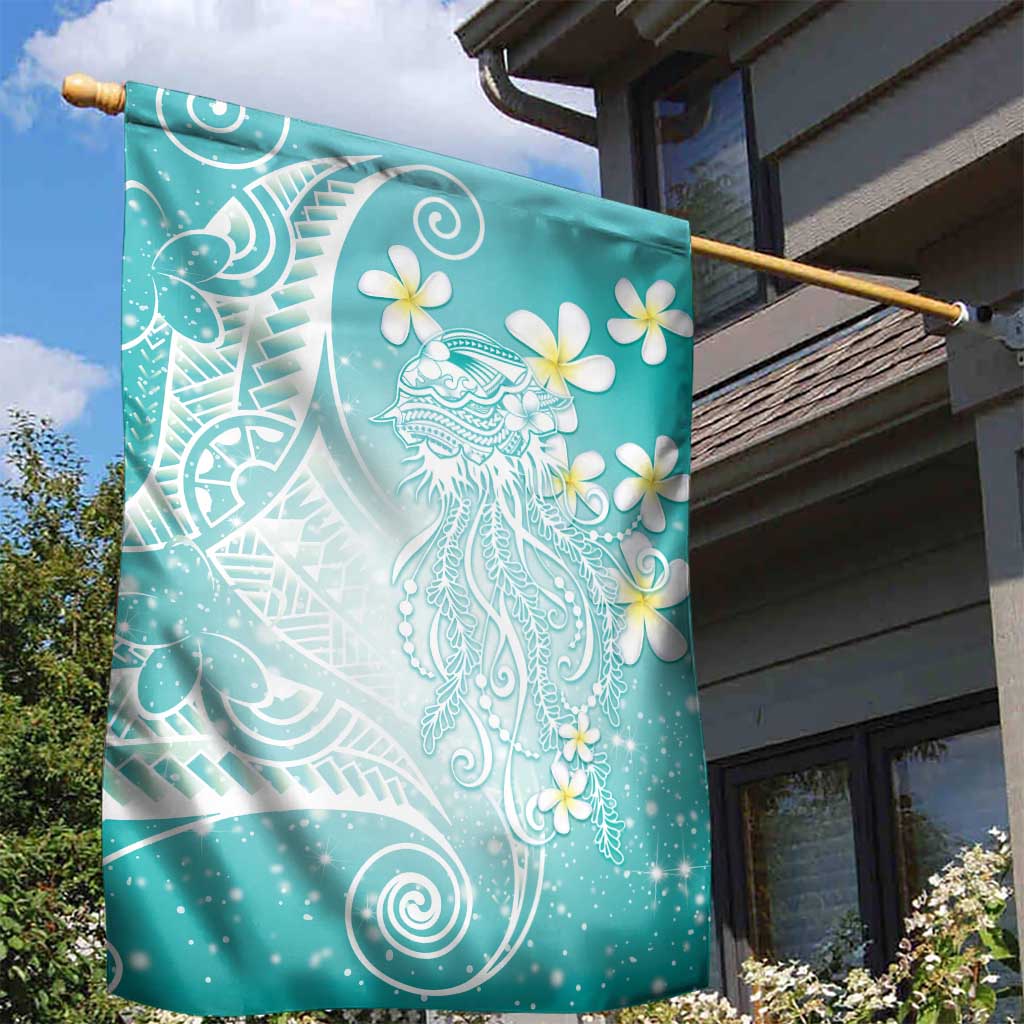 Polynesian Jellyfish Garden Flag With Plumeria Teal LT05 - Polynesian Pride