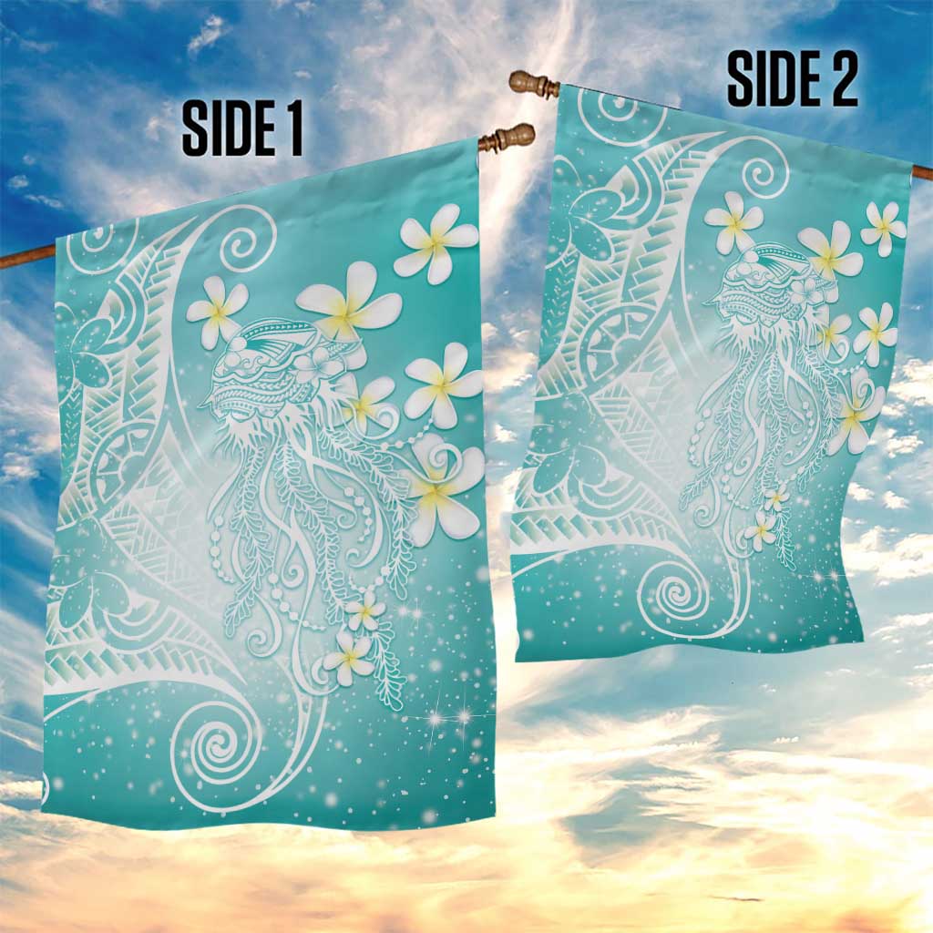 Polynesian Jellyfish Garden Flag With Plumeria Teal LT05 - Polynesian Pride